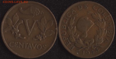 ФИКС! 20 монет мира до 1950 года №3 - Колумбия 5 сентаво 1944 -65