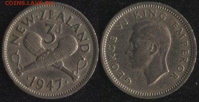 ФИКС! 20 монет мира до 1950 года №5 - Новая Зеландия 3 пенса 1947
