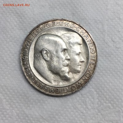 Германия 3 марки 1911 Вюртемберг Юб. свадьбы до 25.11 22:00 - 2