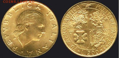 Италия 200 лир-70 лет военной авиации UNC, 21.00 мск 15.12 - Италия 200 лир - 70 лет военной авиации 1993