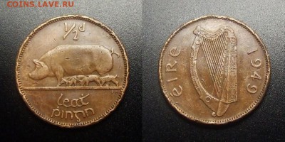 МОНЕТЫ МИРА 12-17 - Ирландия – 0,5 пенни (1949) «Свиноматка» с д.