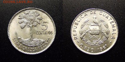 МОНЕТЫ МИРА 12-17 - Гватемала – 5 сентаво (1961) «Дерево» (Ag)