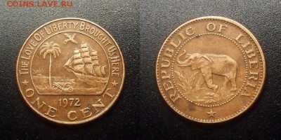 МОНЕТЫ МИРА 12-17 - Либерия – 1 цент (1972) «Парусник; слон» №2