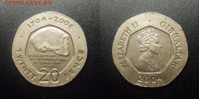 МОНЕТЫ МИРА 12-17 - Гибралтар – 20 пенсов (2004) «300-летие захвата Гибралтара у Испании; череп неандертальца»