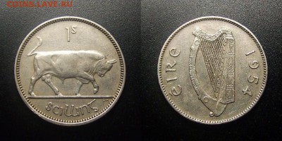 МОНЕТЫ МИРА 12-17 - Ирландия – 1 шиллинг (1954) «Бык» №1-2