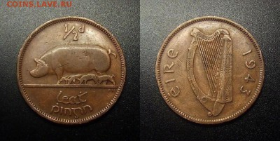 МОНЕТЫ МИРА 12-17 - Ирландия – 0,5 пенни (1943) «Свиноматка»