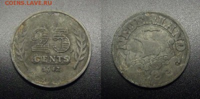МОНЕТЫ МИРА 12-17 - Нидерланды – 25 центов (1942) «Немецкая оккупация; ладья» (цинк)