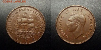 МОНЕТЫ МИРА 12-17 - Южная Африка – 1 пенни (1941) «Парусник; Георг VI» (d-31мм) №1-2
