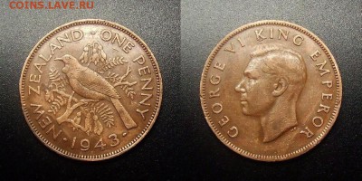 МОНЕТЫ МИРА 12-17 - Новая Зеландия – 1 пенни (1943) «Георг VI; птица»