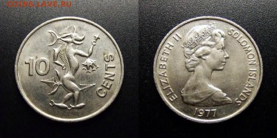 МОНЕТЫ МИРА 12-17 - Соломоновы острова - 10 центов (1977) «Бог моря – Нгориеру; Елизаета II (тип №1)»