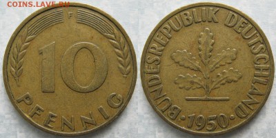 27.Ходячка ФРГ 10 пфеннигов 1949-1996г - 27.7. -ФРГ 10 пфеннигов 1950 F    6785