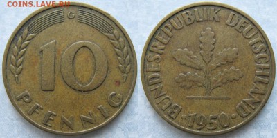 27.Ходячка ФРГ 10 пфеннигов 1949-1996г - 27.9. -ФРГ 10 пфеннигов 1950 G    6814