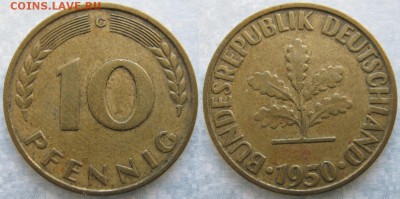 27.Ходячка ФРГ 10 пфеннигов 1949-1996г - 27.10. -ФРГ 10 пфеннигов 1950 G    7460