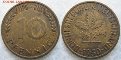 27.Ходячка ФРГ 10 пфеннигов 1949-1996г - 27.12. -ФРГ 10 пфеннигов 1950 J    7467