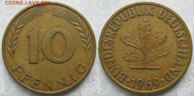 27.Ходячка ФРГ 10 пфеннигов 1949-1996г - 27.17. -ФРГ 10 пфеннигов 1969 D    6946