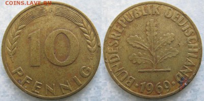 27.Ходячка ФРГ 10 пфеннигов 1949-1996г - 27.18. -ФРГ 10 пфеннигов 1969 F    7475
