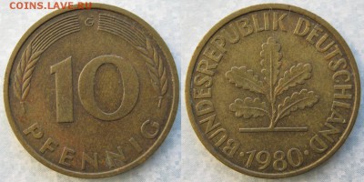 27.Ходячка ФРГ 10 пфеннигов 1949-1996г - 27.42. -ФРГ 10 пфеннигов 1980 G    6883