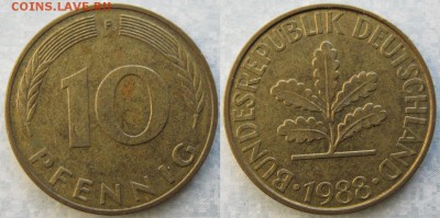 27.Ходячка ФРГ 10 пфеннигов 1949-1996г - 27.49. -ФРГ 10 пфеннигов 1988 F    6736
