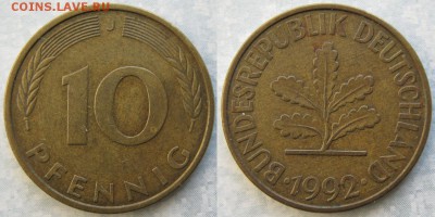 27.Ходячка ФРГ 10 пфеннигов 1949-1996г - 27.57. -ФРГ 10 пфеннигов 1992 J    6726