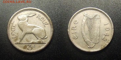 МОНЕТЫ МИРА 12-17 - Ирландия – 3 пенса (1942) «Заяц»