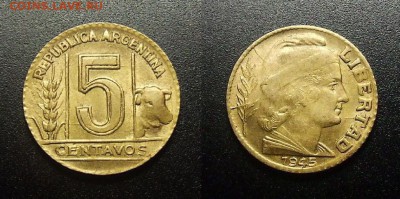МОНЕТЫ МИРА 12-17 - Аргентина - 5 сентаво (1945) «Колос и корова» (XF)