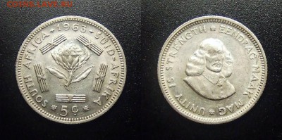 МОНЕТЫ МИРА 12-17 - ЮАР – 5 центов (1963) «Гигантская протея; исследователь Ян ван Рибек» (Ag)