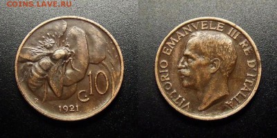 МОНЕТЫ МИРА 12-17 - Италия – 10 чентезимо (1921) «Пчела» бронза №1-2