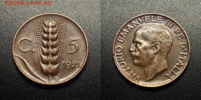 МОНЕТЫ МИРА 12-17 - Италия – 5 чентезимо (1921) «Колос» медь №3-2