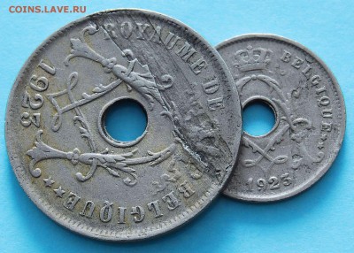 Бельгия 2 монеты 1923 с похожим браком. Опознание-оценка - 460