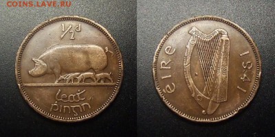 МОНЕТЫ МИРА 12-17 - Ирландия – 0,5 пенни (1941) «Свиноматка»