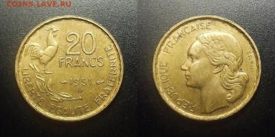МОНЕТЫ МИРА 12-17 - Франция – 20 франков (1951 В) «Петушок»
