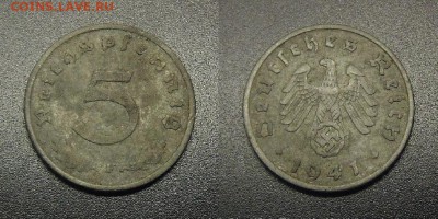 МОНЕТЫ МИРА 12-17 - Германия (3-й Рейх) – 5 рейхспфеннигов (1941 F) цинк №1-2