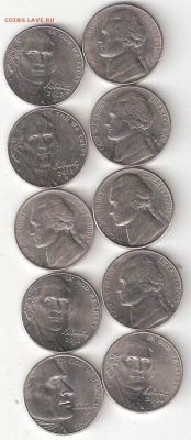 5 центов США (никель)  - 10 монет - 5 цент 10шт Р