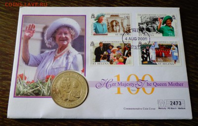 о.СВ. ЕЛЕНЫ - 100 лет королеве Ипподром конверт 26.01, 22.00 - о.Св. Елены - 50п. 100 лет королеве-матери Скачки  конверт