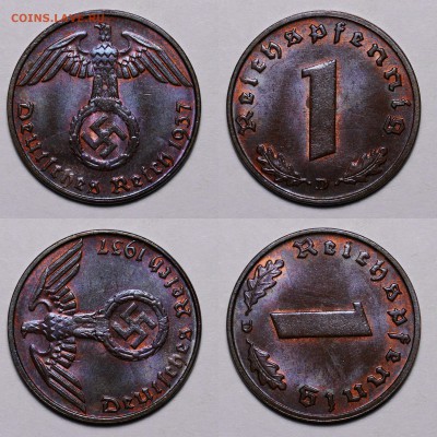 1 рейхспфенниг 1937 D яркий шт.б имеет двухсторонний раскол. - 1516694064