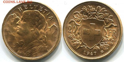Швейцария 20 франков 1947 золото - на оценку - swi-20f-1947