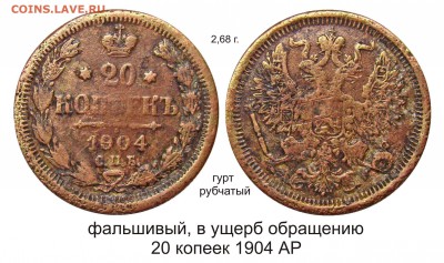 Фальшивые монеты России до 1917г сделанные в ущерб обращению - Фальшак 20 копеек 1904_6