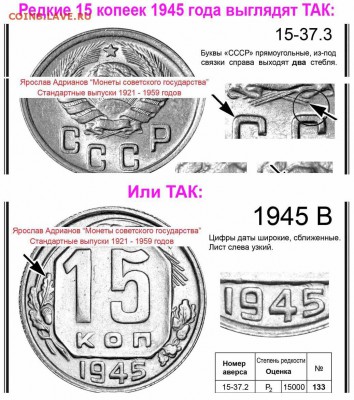 15 копеек 1945 года шт. 1.2. А? - 15 копеек 1945 А - РЕДКИЕ
