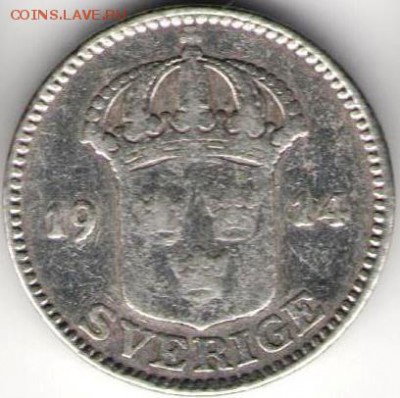 Швеция. 25 эре 1914г.Серебро - 25 эре 1914а