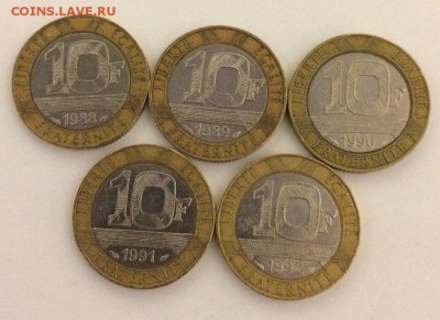10 франков 1998-1992 5 штук разные с рубля 09.02.2018 - 5фра
