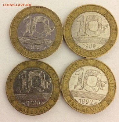 10 франков 1998-1992 4 штук разные с рубля 09.02.2018 - 10франков