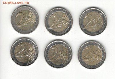 Юбилейные 2 евро из оборота, 6 штук. - 2 евро из оборота Б