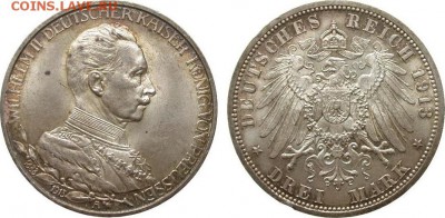 3 марки, 1913 25 лет правлению Вильгельма II яркая - k2792