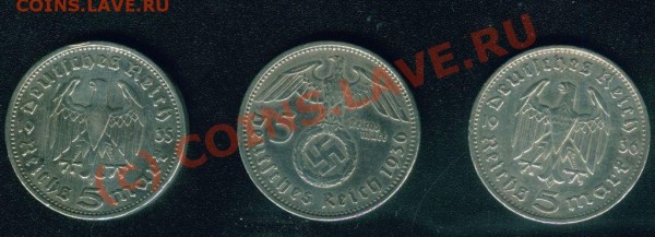 3 монеты Германии 5 марок 1935 и 1936 в серебре - Image4