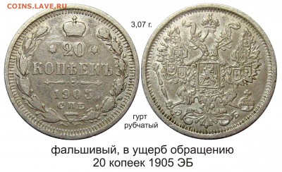 Фальшивые монеты России до 1917г сделанные в ущерб обращению - 20 копеек 1905 ЭБ2