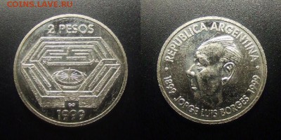 МОНЕТЫ МИРА 03-18 - Аргентина – 2 песо (1999) «Хорхе Луис Борхес – аргентинский писатель» №1