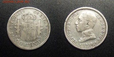 МОНЕТЫ МИРА 03-18 - Испания – 50 сентимо (1910) «Альфонсо XIII – король Испании» (Ag)