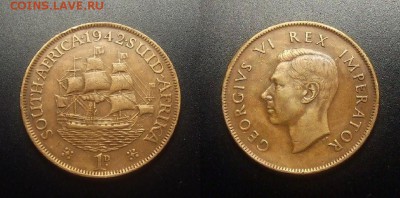 МОНЕТЫ МИРА 03-18 - Южная Африка – 1 пенни (1942) «Парусник; Георг VI» (d-31мм) №2-2