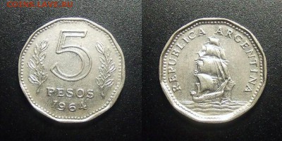 МОНЕТЫ МИРА 03-18 - Аргентина – 5 песо (1964) «Парусник» (редкий год)