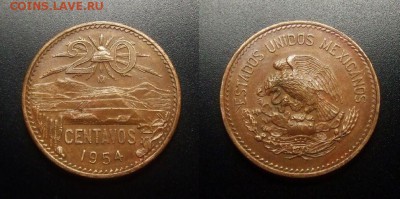 МОНЕТЫ МИРА 03-18 - Мексика – 20 сентаво (1954) «Пирамида Солнца (герб тип №2)»